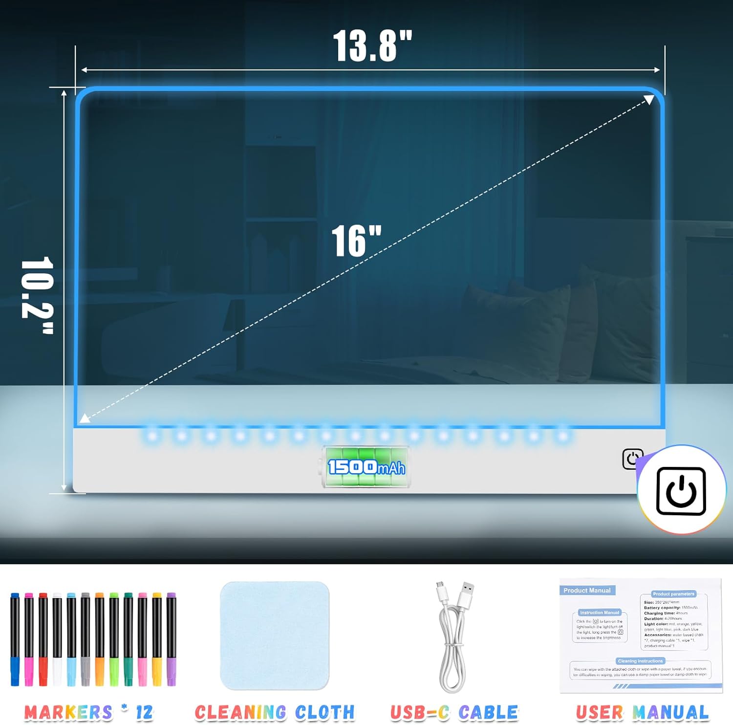 16" Led Drawing Board for Kids Rechargeable, Portable Doodle Glow LED Note Board with 7 Colors, Light Up Acrylic Dry Erase Lumi Board with Stand, Easter Gifts Teen Boys & Birthday Gifts(White)