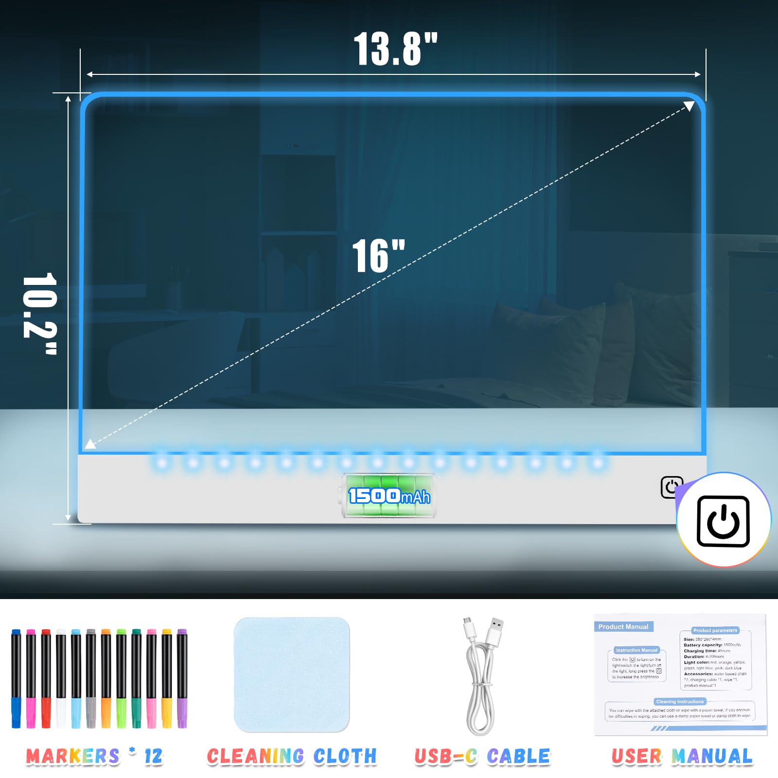 Lavagna da disegno a LED ricaricabile per bambini, 40,6 cm, portatile, con 7 colori, lavagna luminosa in acrilico cancellabile a secco con supporto, regalo di Pasqua, ragazzi e regali di compleanno