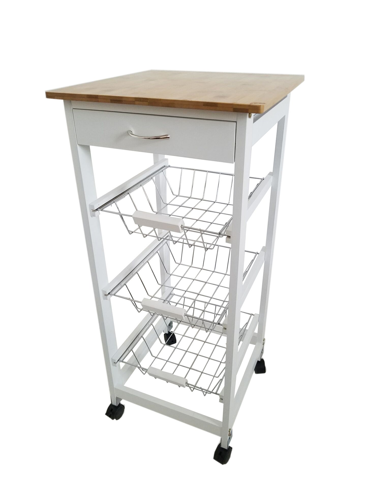 Verdulero frutero, Carro de Cocina con Ruedas, 37x37x85 Blanco Tapa Madera Oporto 6