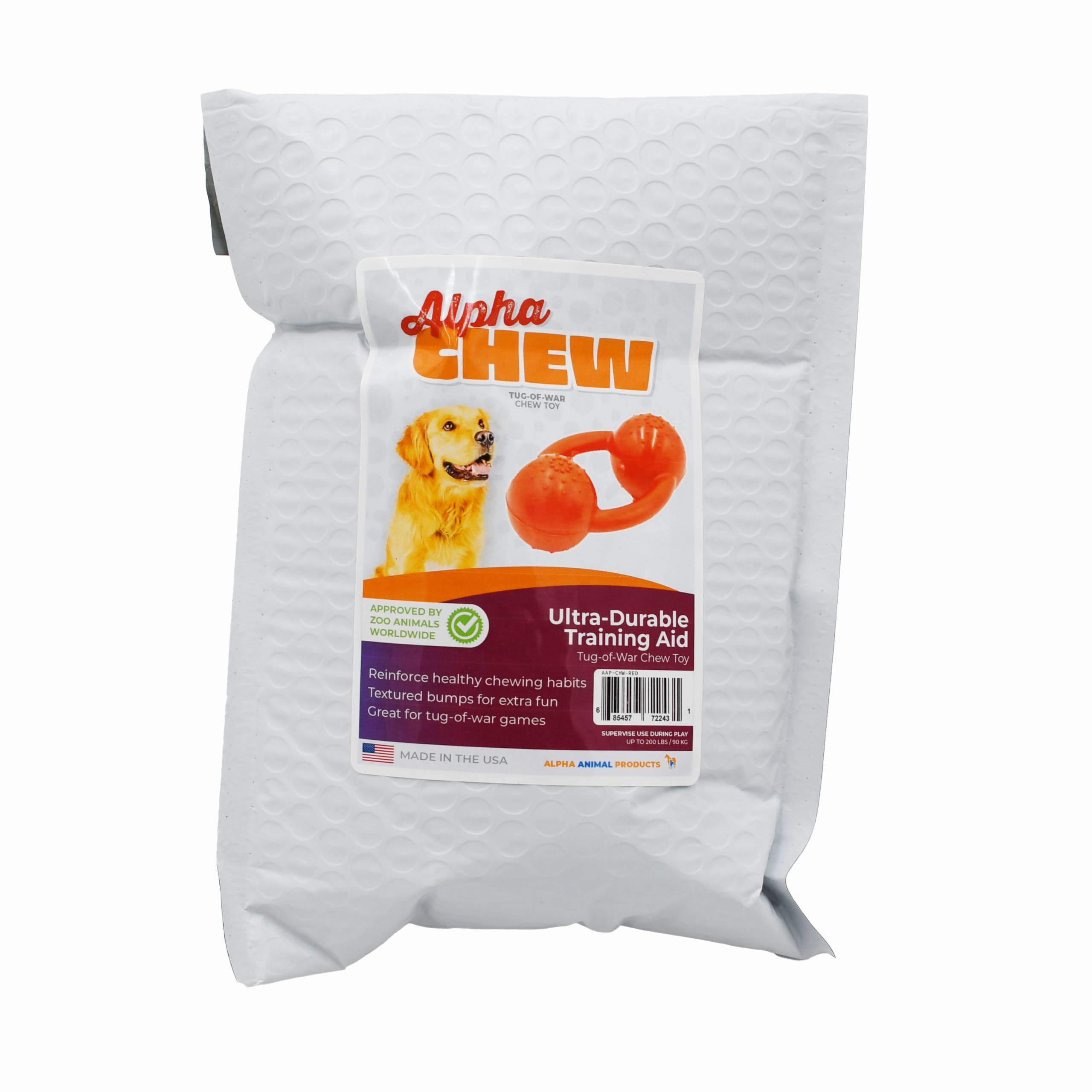 Alpha - Chew - Juguete de goma resistente para perros de tira y afloja para mascotas, elige tu color, 6 pulgadas de largo x 2.5 pulgadas de ancho x 3.5 pulgadas de alto (rojo)