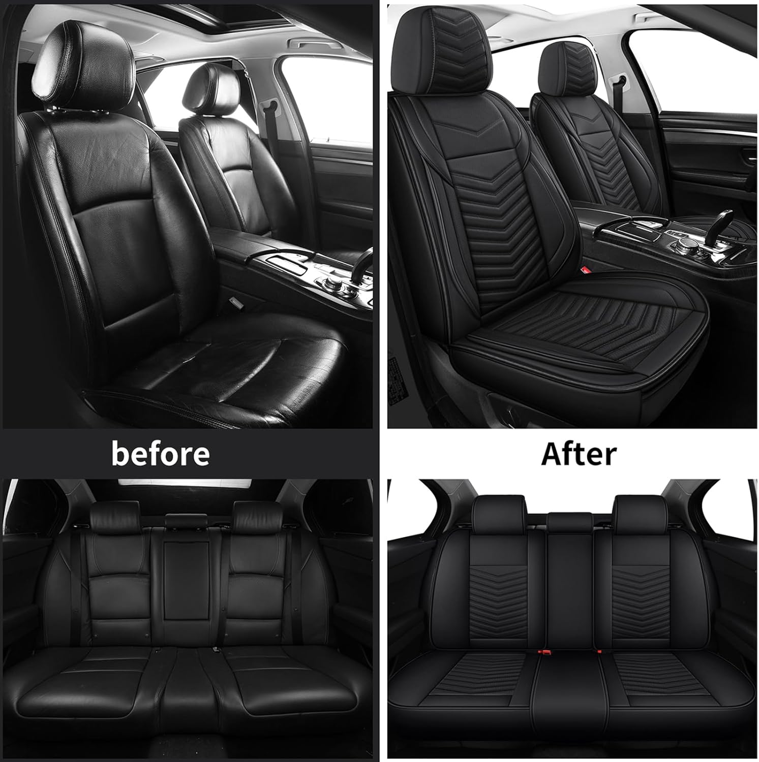 Nappa Leather Car Seat Covers Full Set, Black Car seat Protector 5 Seats, Waterproof Car Seat Cushion, Universal Automotive Seat Covers Fit for SUV Truck Pick-up Sedan, Front and Rear