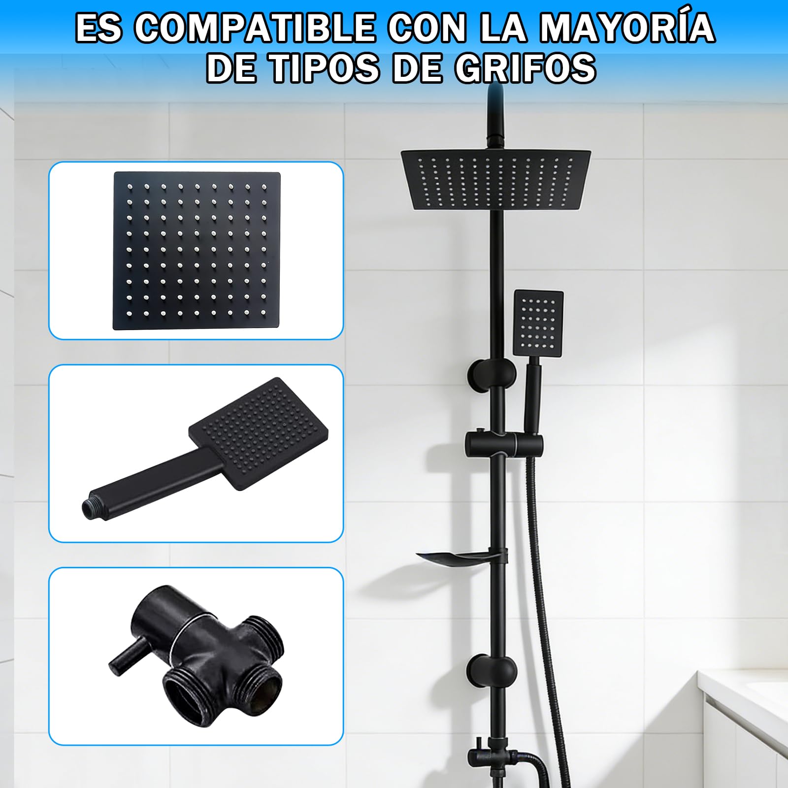 Columna Ducha Senza Miscelatore, Kit Completo Ducha con Rociador Ducha 20×20 cm Cuadrado y Ducha de Mano y Manguera, Acero Inox, Regulable 92cm, Duchas de Baño Columna