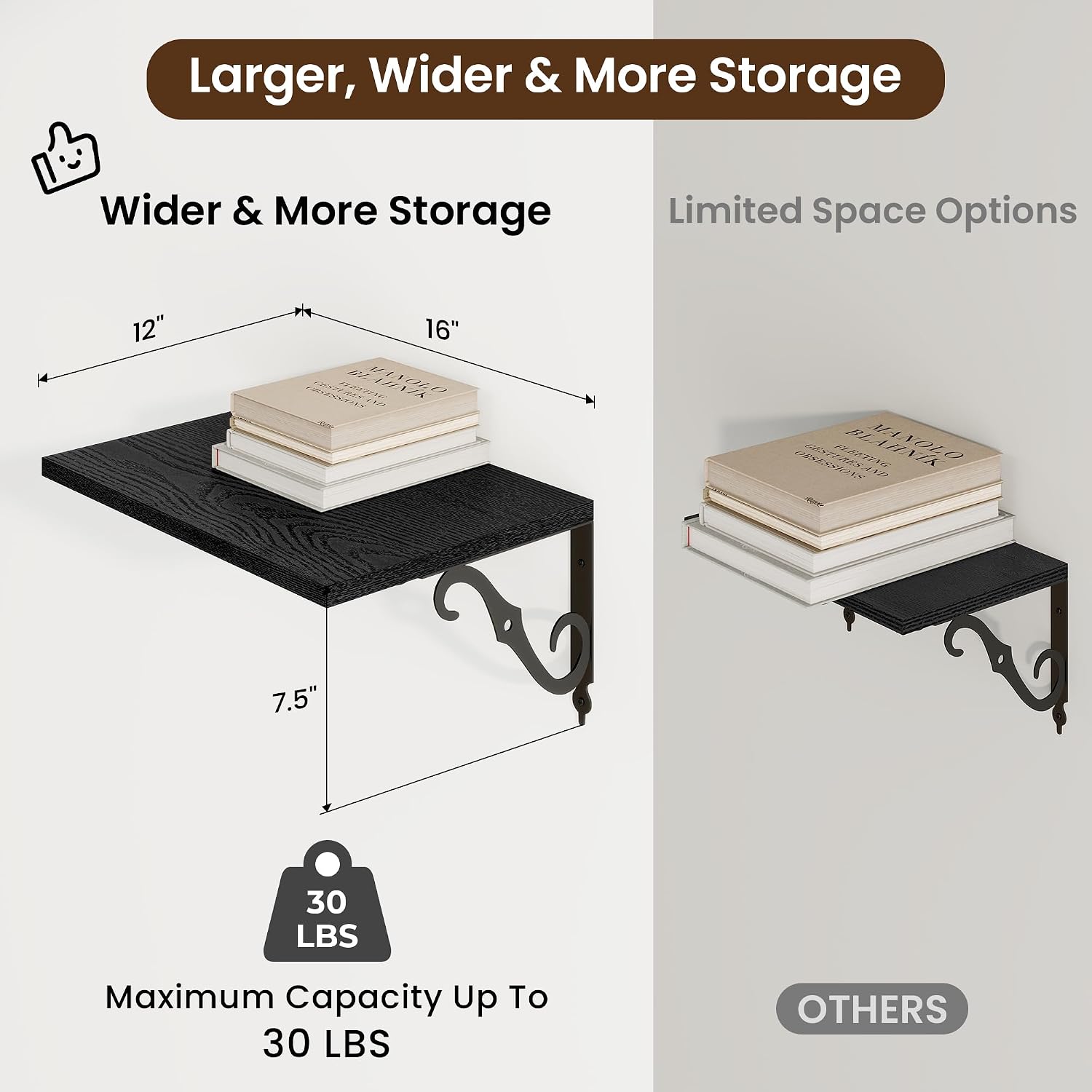RICHFOCUS 12 Inch Deep Floating Shelves for Wall, 16" W x 12" D Black Wood Wall Shelves Set of 2, Wide Floating Shelves for Living Room, Bedroom, Kitchen, Bathroom and Decor Storage, Black image 3