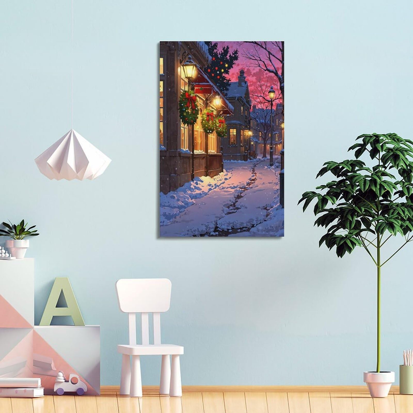 CWLLOG Stampe su tela da parete, poster per festival, Natale, città innevata, illustrazione moderna per soggiorno e camera da letto, decorazione artistica da 40 x 60 cm