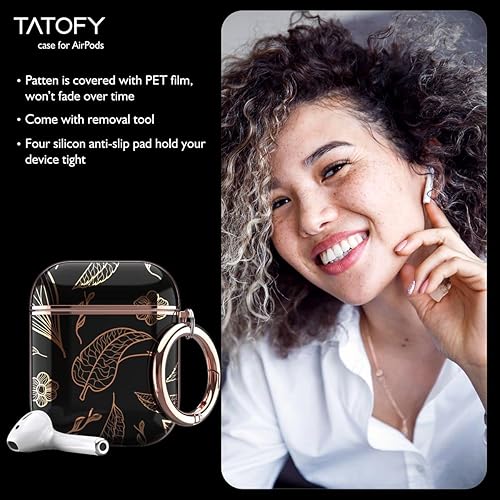 Miniatura 6 de TATOFY Funda para AirPods 1 y 2, elegante funda para AirPods para mujeres y niñas, patrón de flores protectora rígida con clip (dorado negro)