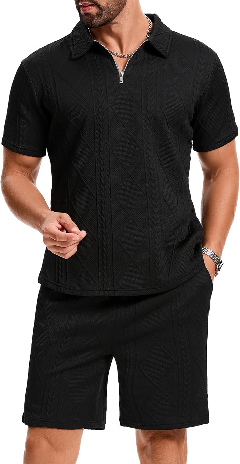 Men’s 2-Piece Activewear Set Zip-Up Polo and Drawstring Pants with Slant Pockets Set S-2XL