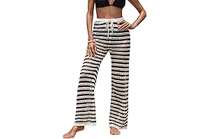 Women's Woven Hollow Out Crochet Knit Striped High Waist Swimsuit Cover Up Pants