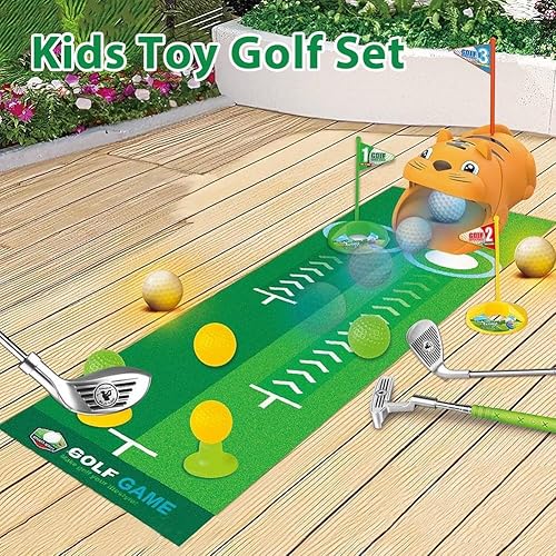 Miniatura 7 de Juego de golf de juguete mejorado para niños con retorno automático de bolas, pelotas de golf con luz LED, 3 clubes, tapete de putt, juegos de mini