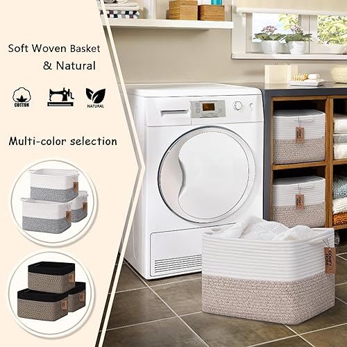 Miniatura 2 de COMFY-HOMI Paquete de 3 cestas tejidas de cuerda de algodón con asas para estantes, libros, juguetes, almacenamiento de tela, almacenamiento de