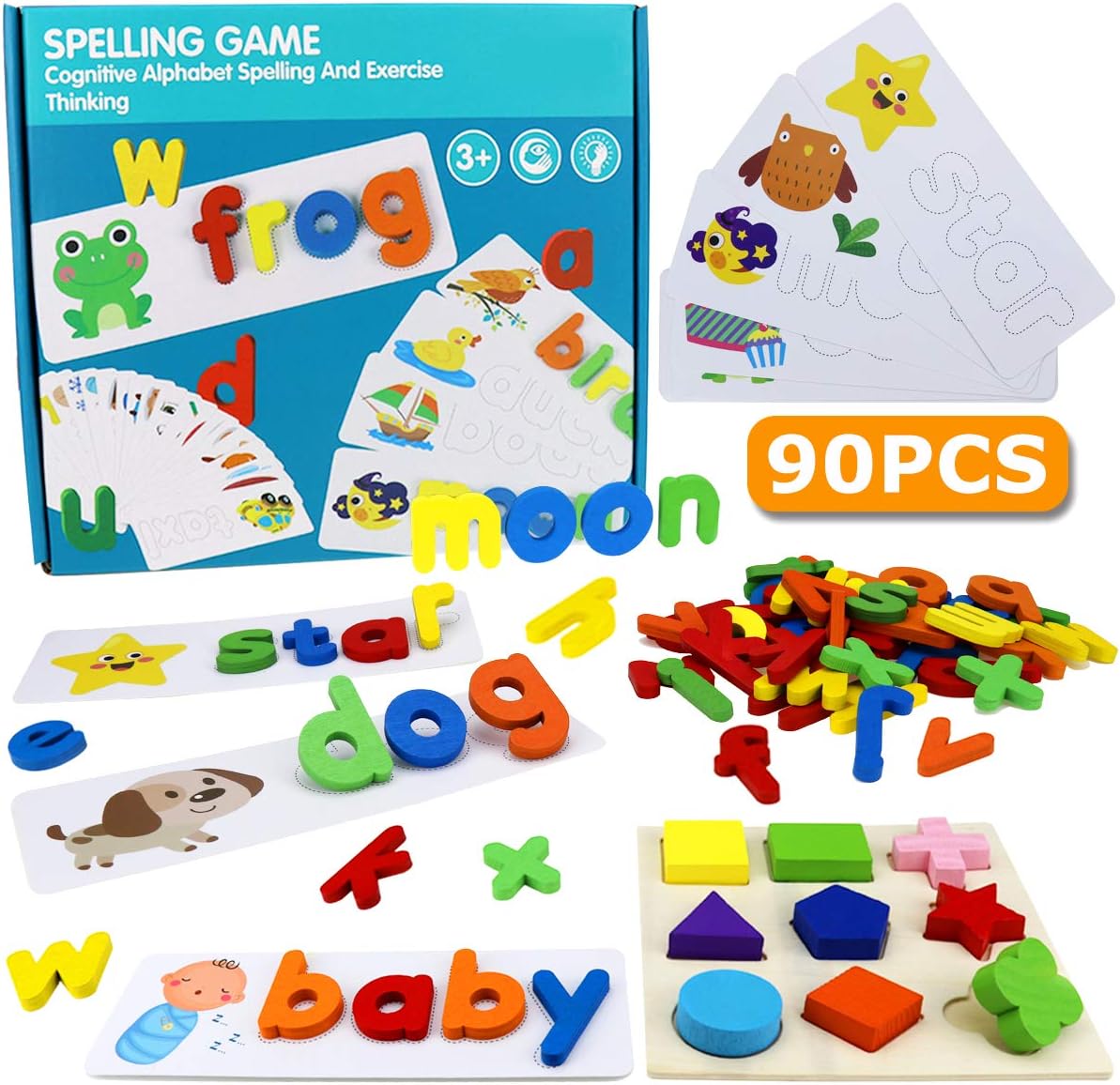 Word Spelling Practice Games,See and Spell Learning Early Education Cognitive Matching Letters with Colorful Wooden Geometric Shape Puzzle, Montessori Preschool Educational Toys for Age 3+