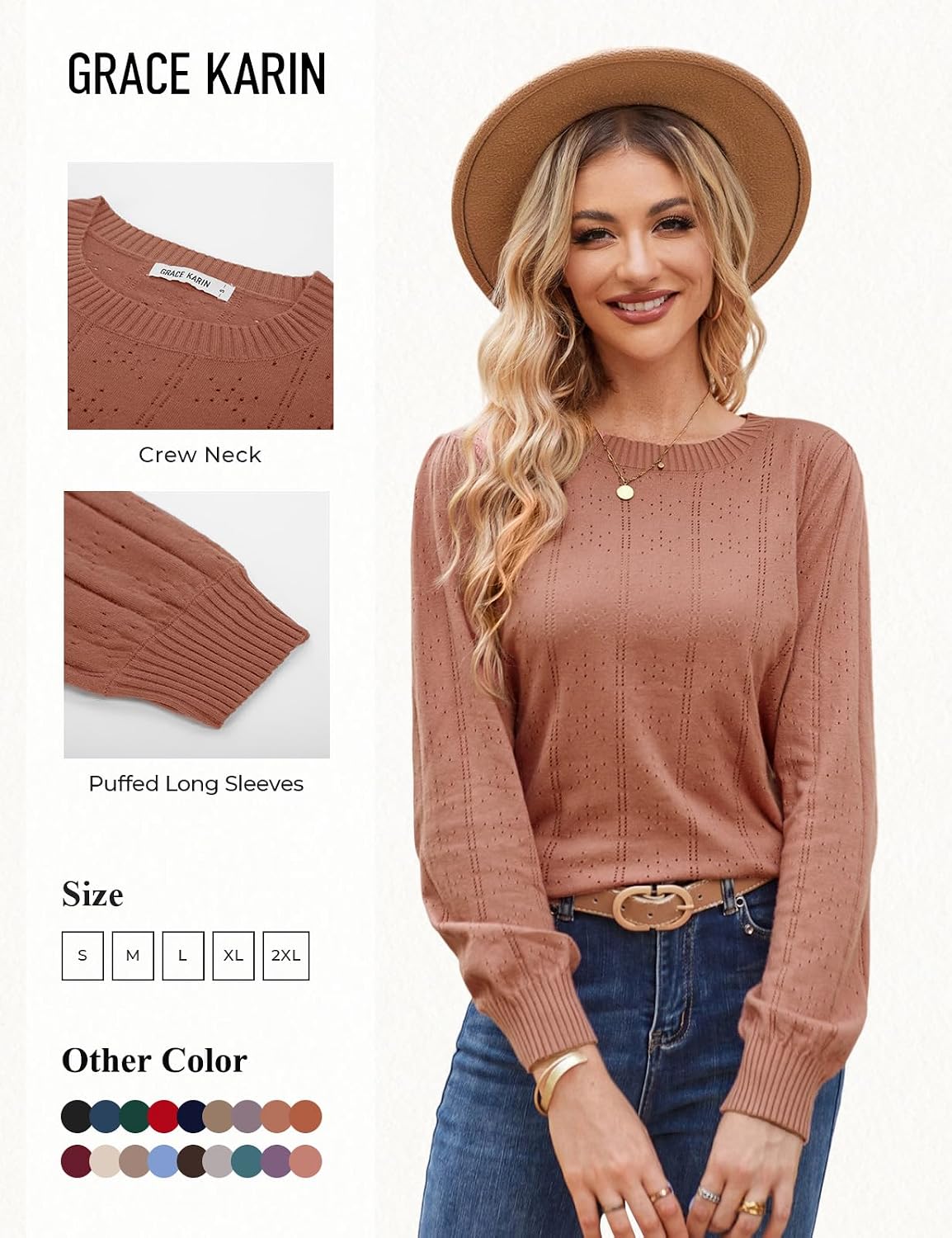 GRACE KARIN Puff Long Sleeve Crochet Fall Sweaters for Women Trendy 2026 image 3