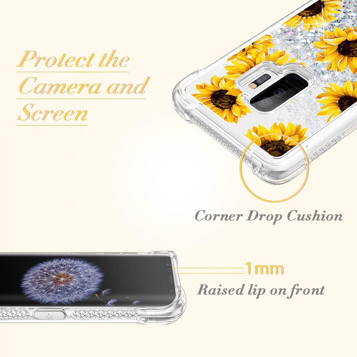Caka Glitter Case for Galaxy S9 Plus Case Glitter Flower Sunflower Bling Luxury Fashion Flowing Liquid Floating Quicksand Sparkle Glitter Soft TPU Case for Samsung Galaxy S9 Plus (Sunflower)