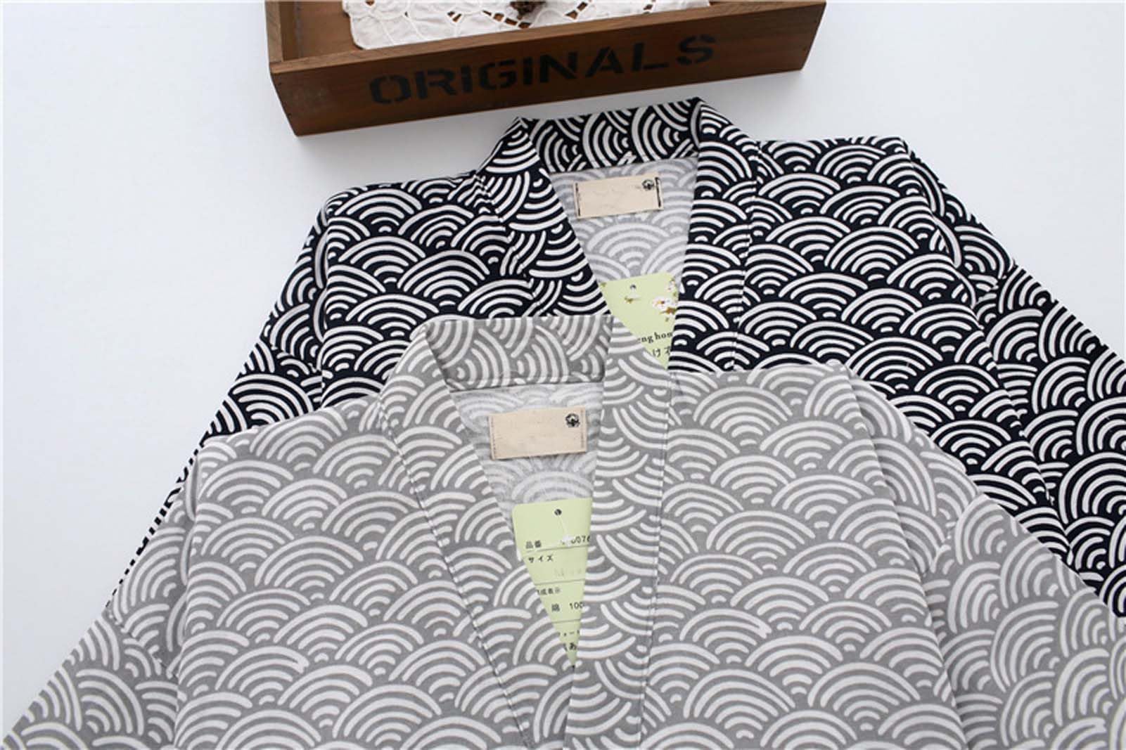 ZEALMAX Kimono japonés camisa y pantalón, ropa de descanso de lino de algodón, conjunto de bata de baño, color gris, talla única