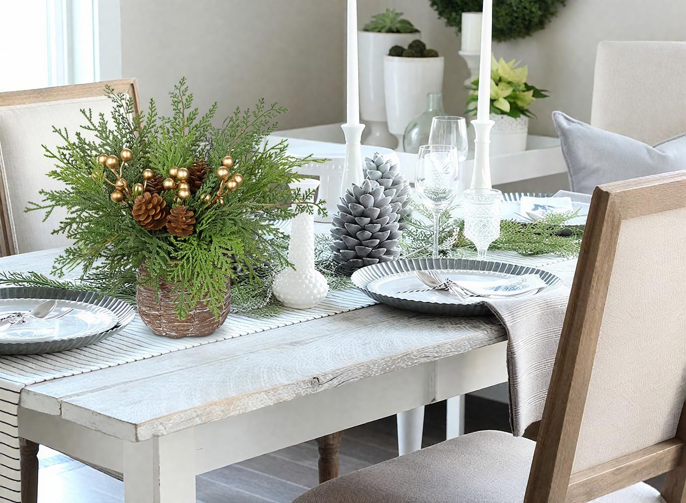 Artificial Potted Christmas TableTop Centerpiece - 12.9" Faux Norfolk Pine Plants with Pinecones & Gold Berry in Woven Wooden Pot Xmas Decorations for Home Table Winter Mantel Farmhouse Indoor Decor