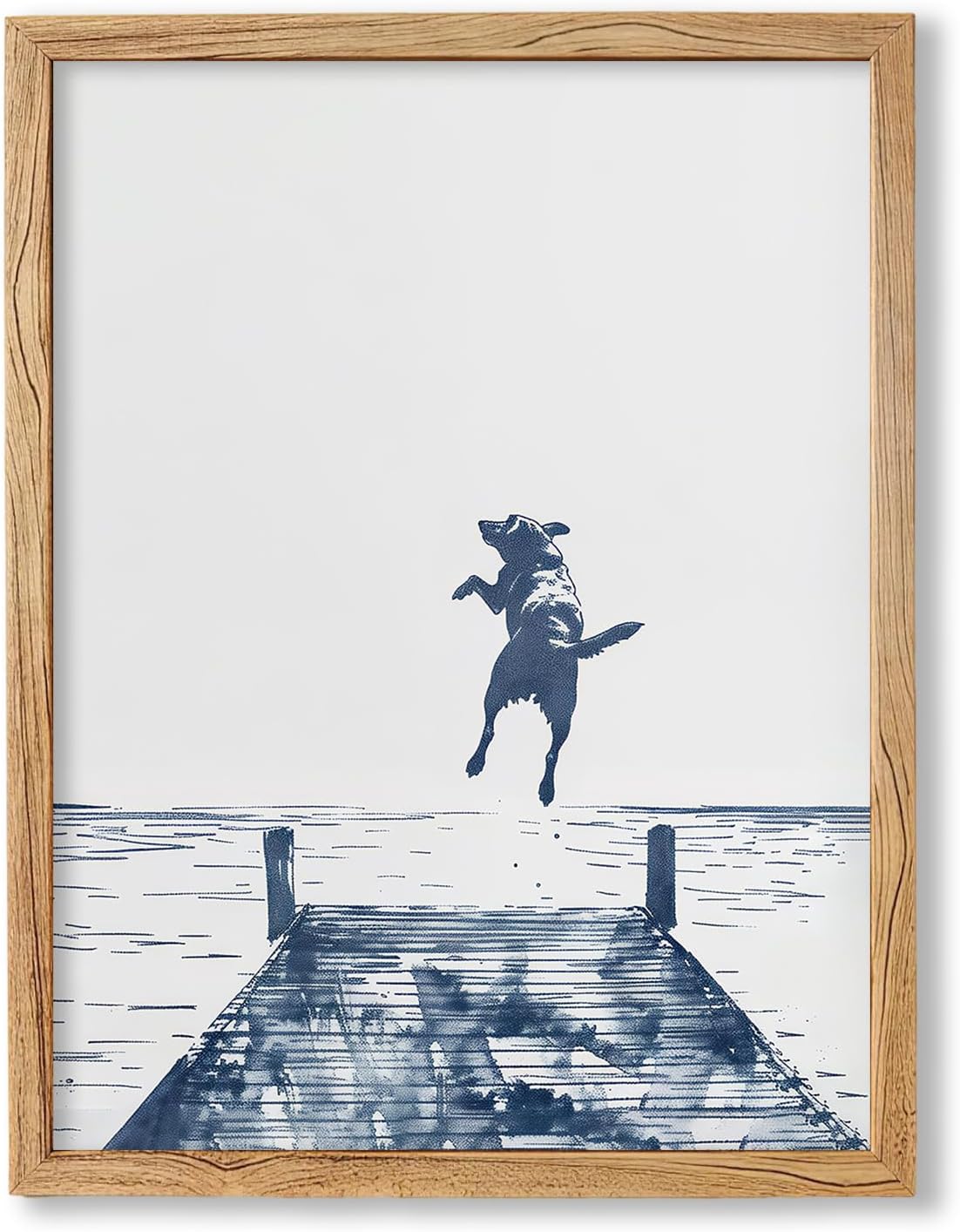Happy Dog Jumps Off Dock Wall Art 12X16 Inch Wood Framed Blue Summer Lake Posters Fun Animal Jumping Canvas Prints for Trendy Coastal Cottage Wall Decor