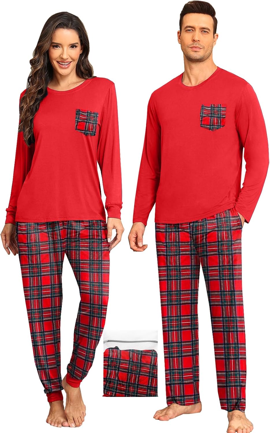 Matching Christmas Plaid Pajamas Set For Couples Long Sleeve Sleepwear Soft Modal Lounge Set with Pocket S-3XL