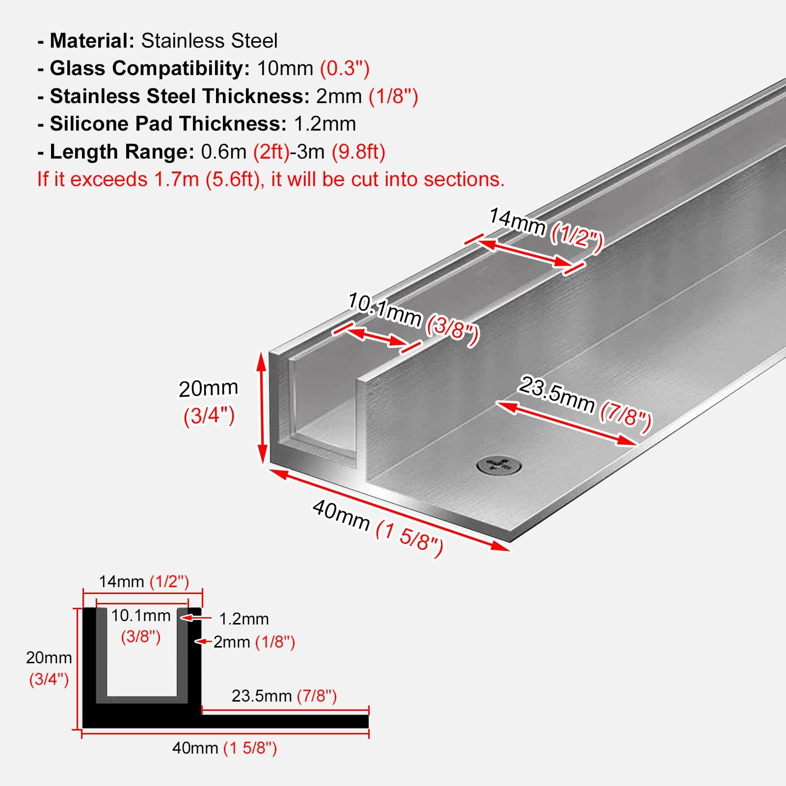 Perfil Aluminio Canal En U Profundo de Vidrio con Cierre Atornillado | Riel de Canaleta Sin Marco de Metal Mate para Baño/balcón/oficina/separación de Hotel, Resistente a La Corrosión
