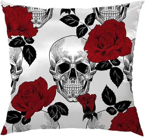 HGOD DESIGNS Funda de almohada con diseño de calavera, calavera de azúcar y rosa roja, funda de cojín cuadrada estándar para el hogarsofá decorativo
