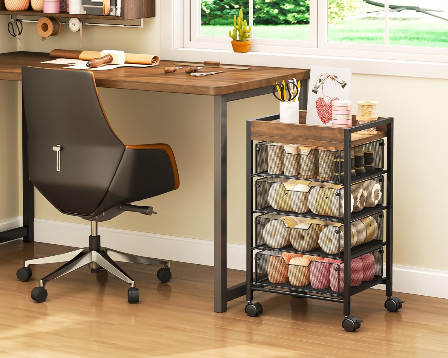 SWTYMIKI Rolling Cart with Drawers - Under Desk Storage Cart with Wheels, 4 Metal Drawers, Wood Top, Utility File Cart for Office Organization, Art, Craft, Classroom, Kitchen, Bedroom Espresso