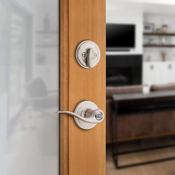 Kwikset 991 Tustin Entry Lever and Single Cylinder Deadbolt Combo Pack featuring SmartKey in Satin Nickel, Model Number: 99910-040