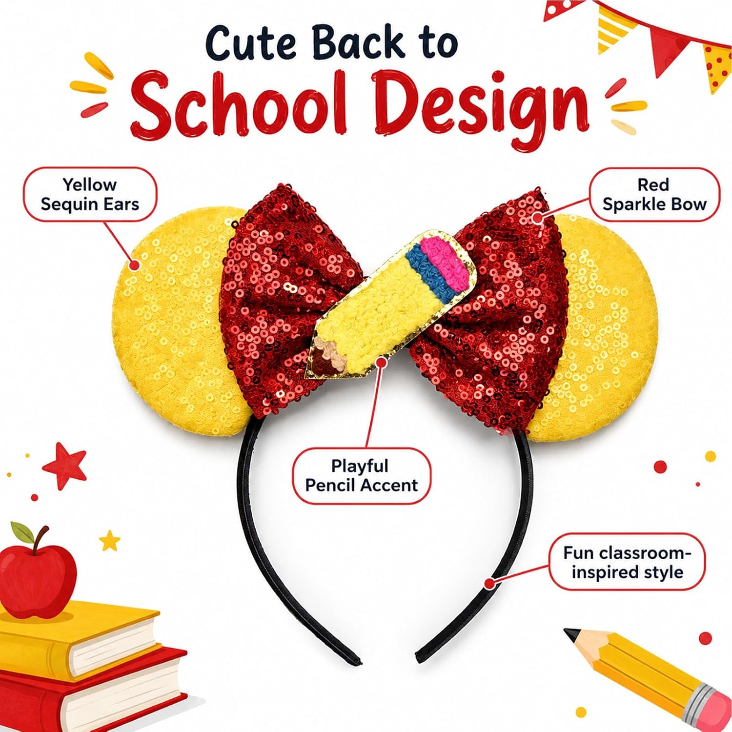 Back to School Headband for Girls Women, Pencil Sequin Bow Headband image 2