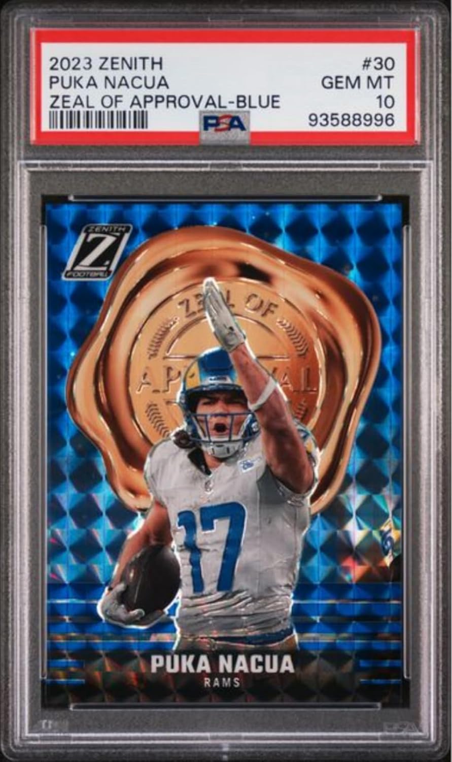 Graded 2023 Panini Zenith Puka Nacua #30 Zeal of Approval Blue Rookie RC Football Card PSA 10 Gem Mint