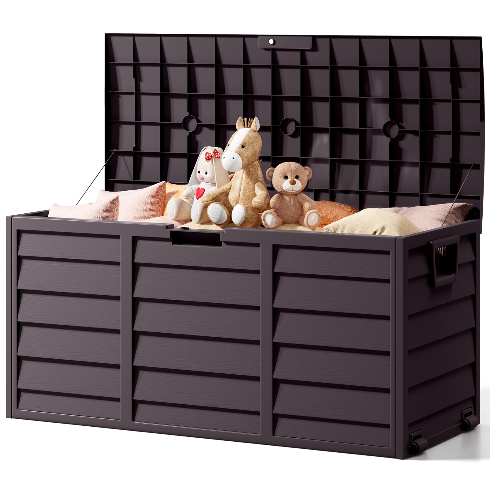 The Fellie Garden Storage Box with Wheels, 290L Lockable Garden Storage Boxes Waterproof, Plastic Outside Storage Box for Gardening Tools, Cushions, Toys, 112x49x54cm, Dark Brown