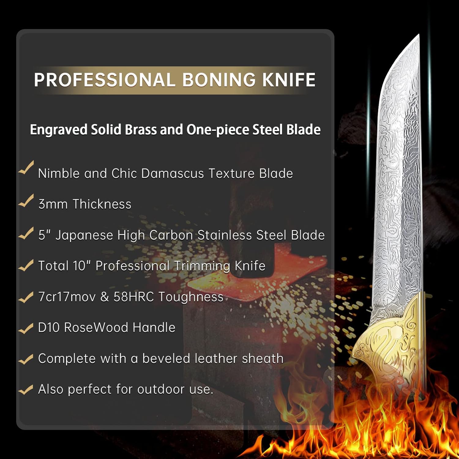 Purple Dragon Boning Knife 5" Japanese Steel Professional Fillet Knife with Sheath Trimming Knives with Elegant Blade,Sharp Knives for Meat,Fish Camping Christmas Gift for Men and Women