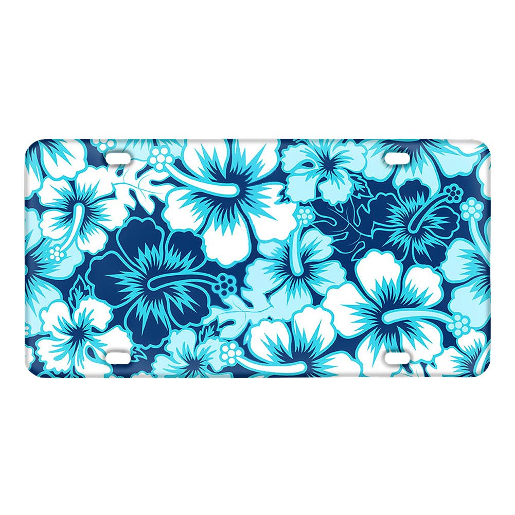 PZZ BEACH Personalized License Plate, Hawaiian Style, Blue Hibiscus Blossom Flower Print, 12.2" x 6.3" Car Vanity Tag, Car Front Decorative Metal License Plate