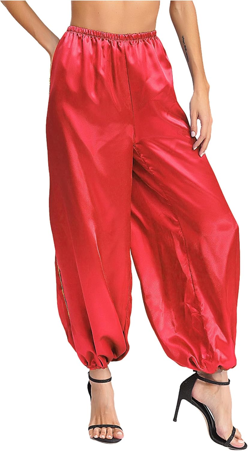 Vxuxlje Women's Belly Dance Costume Silky Satin Loose Bloomers Pants Arabian Princess Fancy Dress