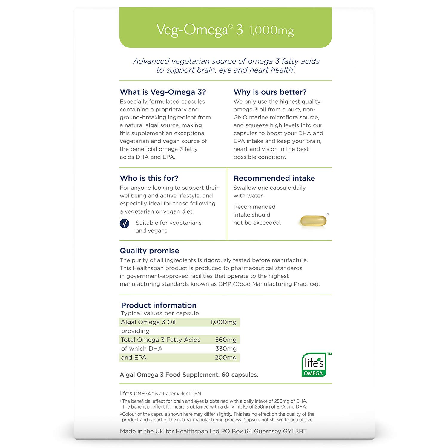 Healthspan Veg-Omega 3 1.000 mg | Unterstützt die Gesundheit von Gehirn, Auge und Herz | Vegane Algenquelle | Omega-3-Fettsäuren DHA und EPA | GVO frei | 60 Kapseln