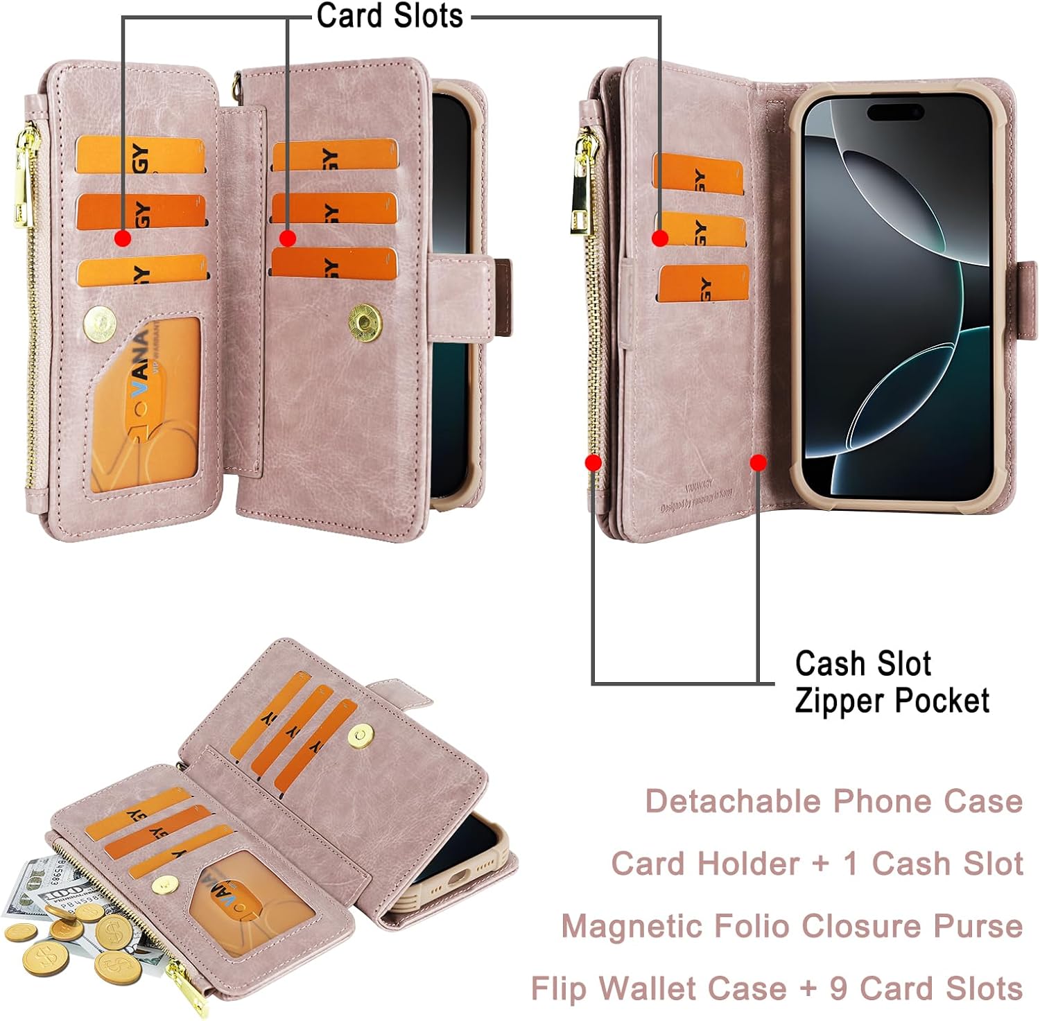 VANAVAGY Compatible for iPhone 16 Pro Wallet Case with RFID Blocking Card Holder for Magsafe, PU Leather Magnetic Strap Wallet Detachable Phone Case with Kickstand for 16 Pro 6.3inch,Salmon Pink