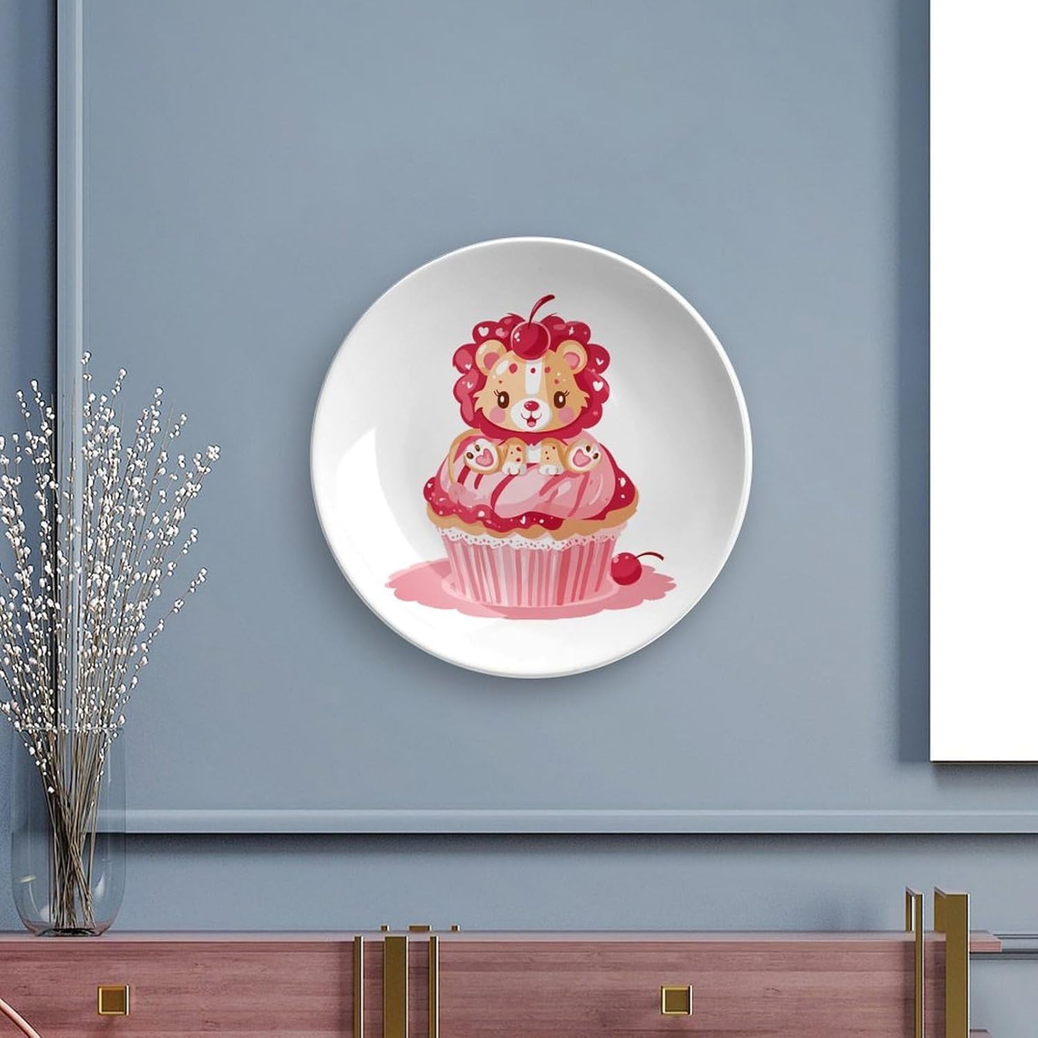 Lion on Cupcake Cherry Decorative Plates for Display Ceramic Plate Tray with Stand Hanger Home Decor