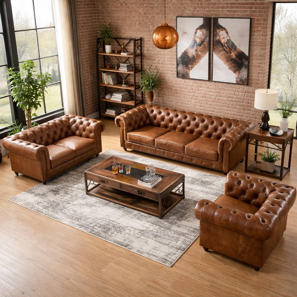 Leatherette Chesterfield Sofa Set Deep Button Tufted, Classic Style Sofa Set Sofa for Your Hall,Living Room and Office (Brown Leather, 6 Seater 3+2+1)-image-10
