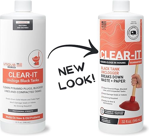 Miniatura 7 de Unique Clear-It RV Black Tank Unclogger Liquid – Se rompe a través de tapones piramidales, tanques compactados y tuberías obstruidas (32 onzas). El