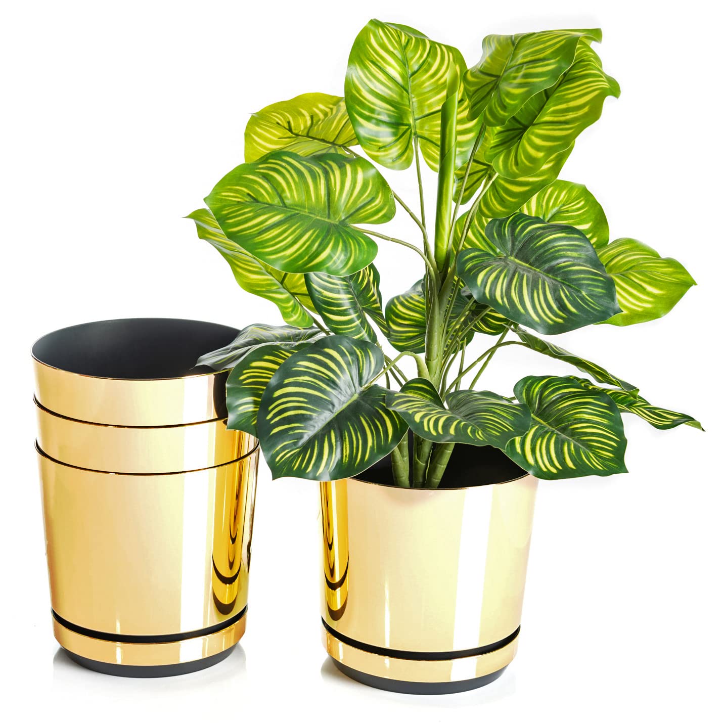 KORADSet of 4 Pots with Saucer Diameter 18 cm, Design 011 - Shiny Gold; Glamour; Modern, High Gloss, Classic, Rustic, Loft, for Plants, Herbs.