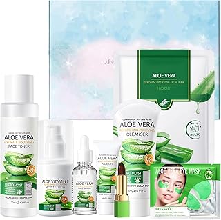 Routine Skincare Visage,Coffret Soin Visage Femme,Coffret Cadeau femme Aloe Vera,Coffret Beauté Femme,Coffret Cadeau à l'aloe Vera Naturel,Hydratant,Apaisant,Aloe Vera Gel,Rouge a Levre Attendre