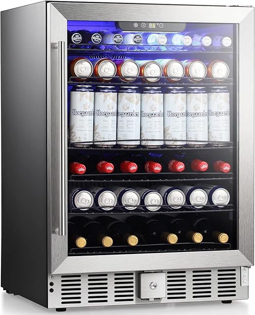 Antarctic Star 5.1 Cu.Ft Beverage Refrigerator, 24 Inch-166 Can Wine Cooler,Low Noise,Transparent Glass Door, Stainless Steel,Efficient Cooling System with Safety Lock, for Home, Bar, Office.