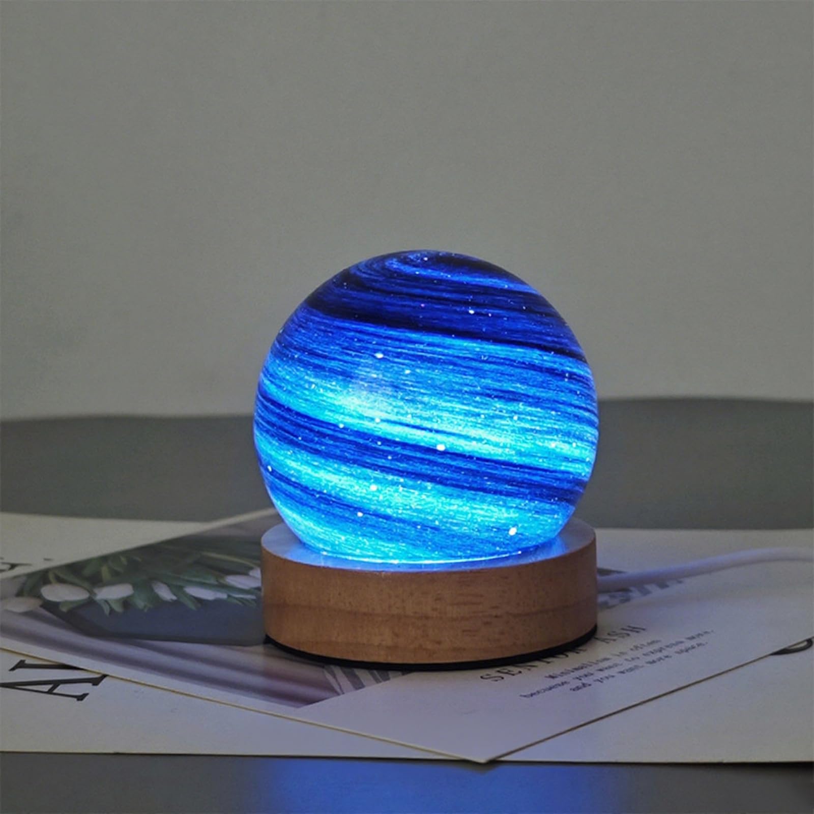 Neptune blue Planet Glass Ball Lamp with Wooden Base Three-color Dimming Design Swirl Planet Table Lamp Suit for Bedroom Nightstand Living Room USB Plug