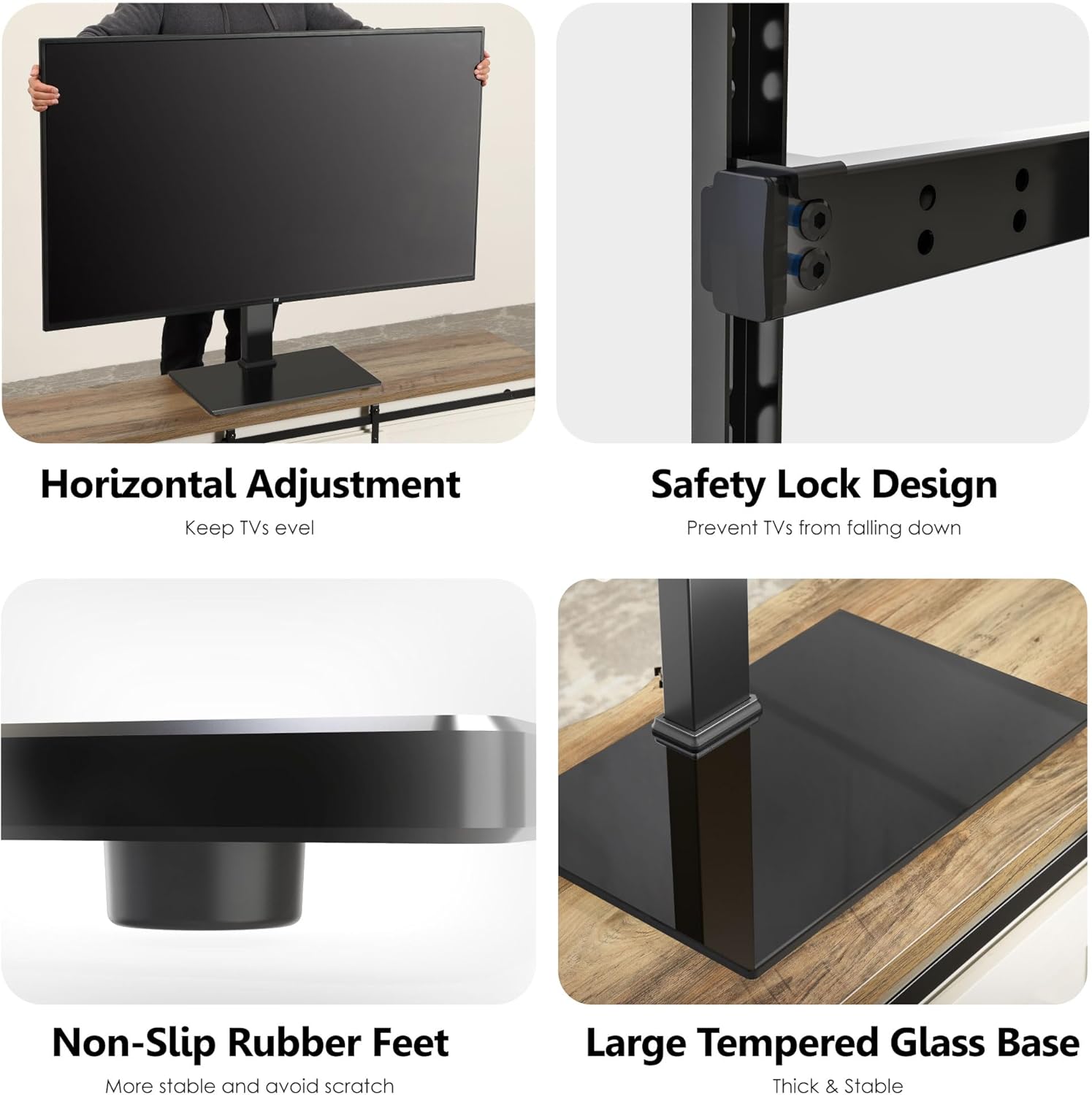 Close-up images showing horizontal adjustment, safety lock design, non-slip rubber feet, and the large tempered glass base of the TV stand.