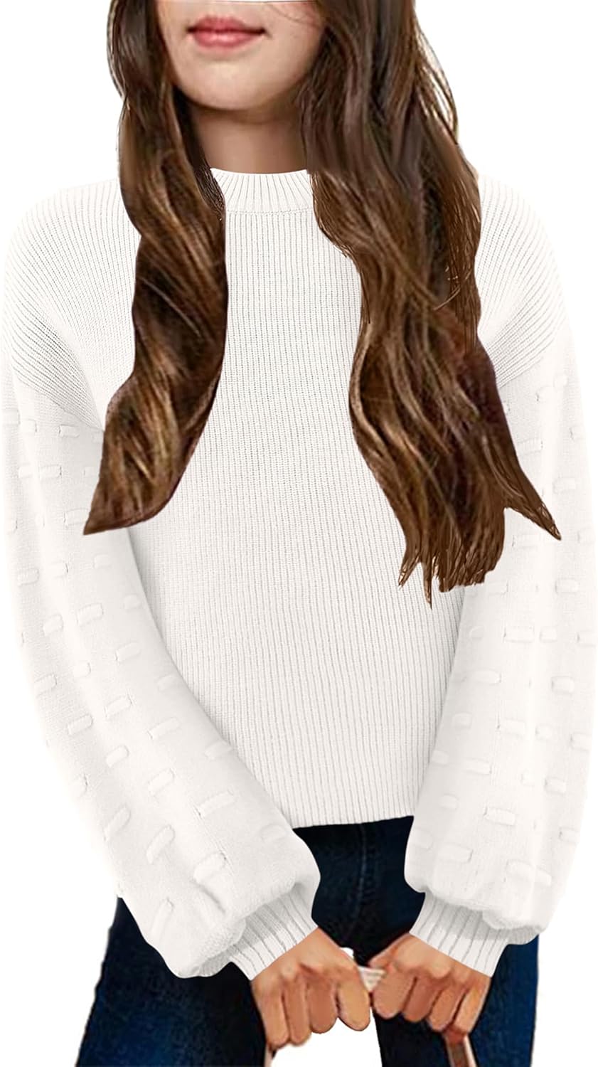 Arshiner Girls Crewneck Sweaters Chunky Lantern Sleeve Knit Jumper Tops Casual Drop Shoulder Pullover Outwear for 5-13 Years