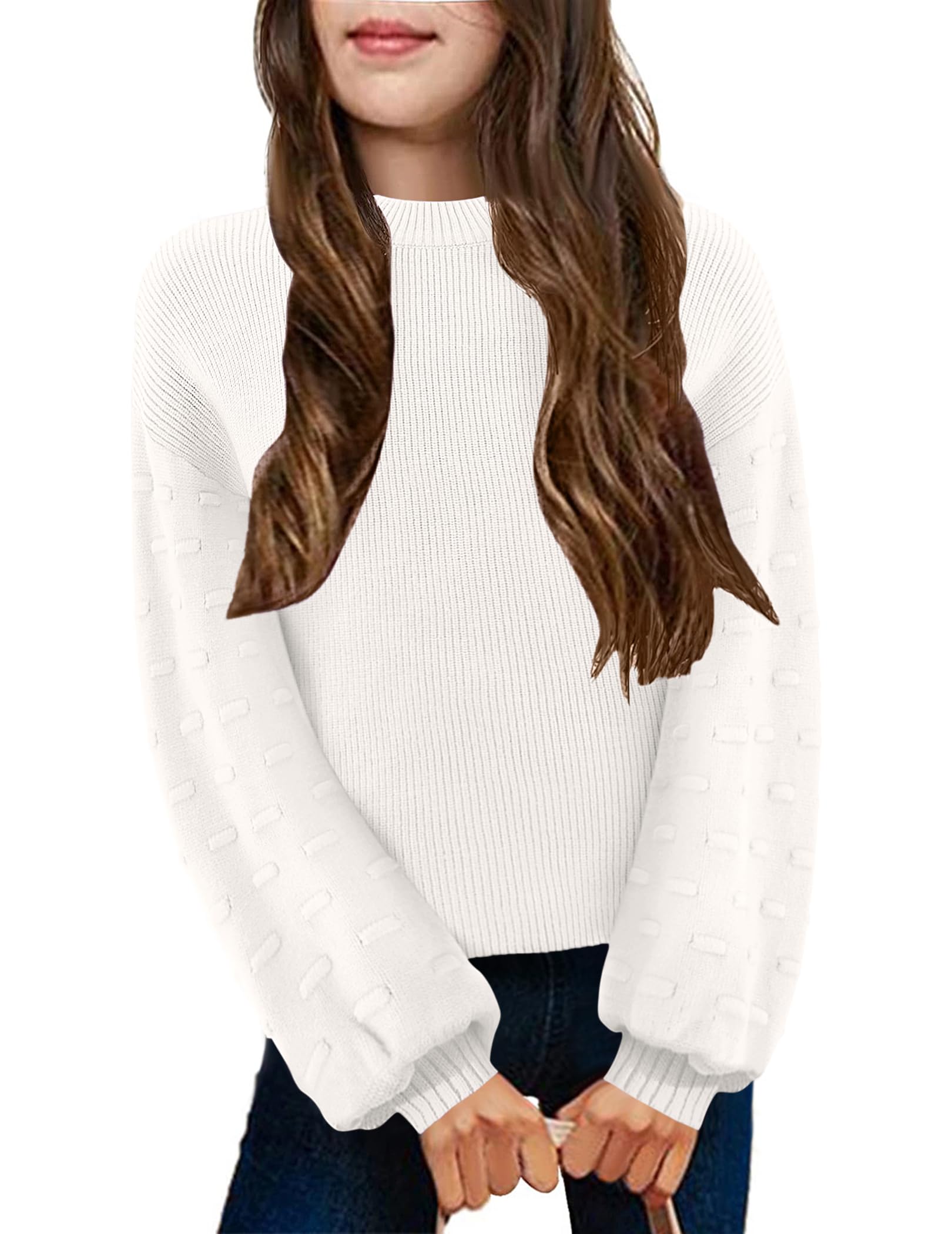 Arshiner Girls Crewneck Sweaters Chunky Lantern Sleeve Knit Jumper Tops Casual Drop Shoulder Pullover Outwear for 5-13 Years