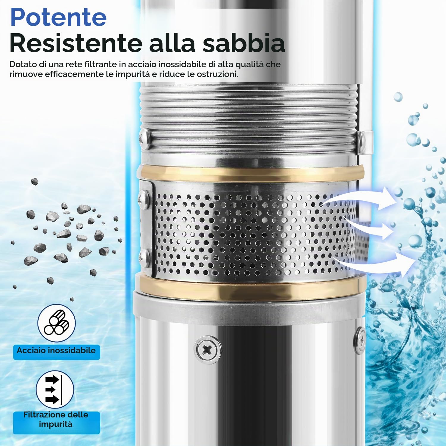 Pompa per fontana profonda, 1100 W, 4000 l/h, sommersa max. 81 m, in acciaio inox, pressione 8,1 bar