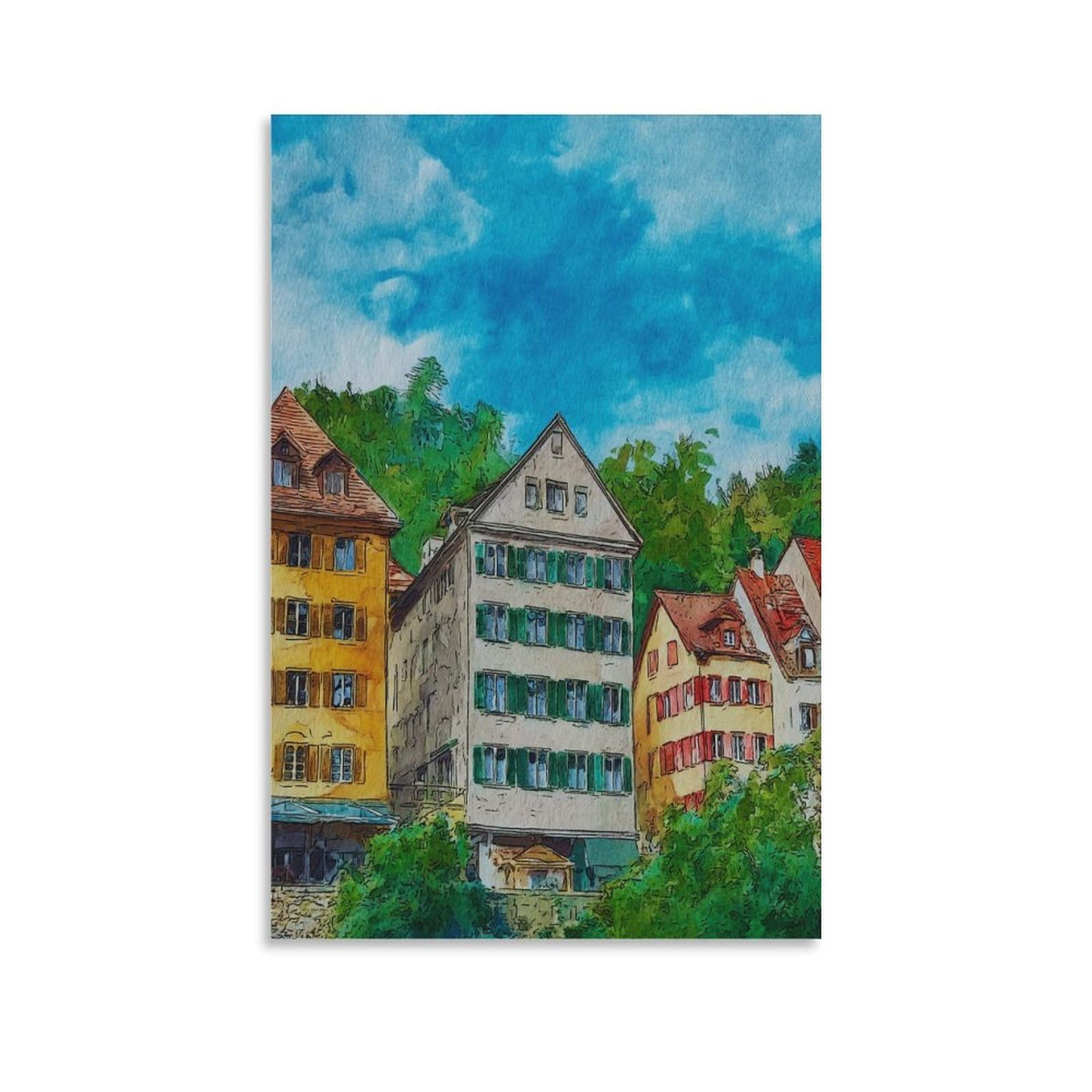 Lcynnh Unframe-Style Tubingen Germany 24X36inch(60X90cm) Vintage Travel Poster Watercolor Canvas Art