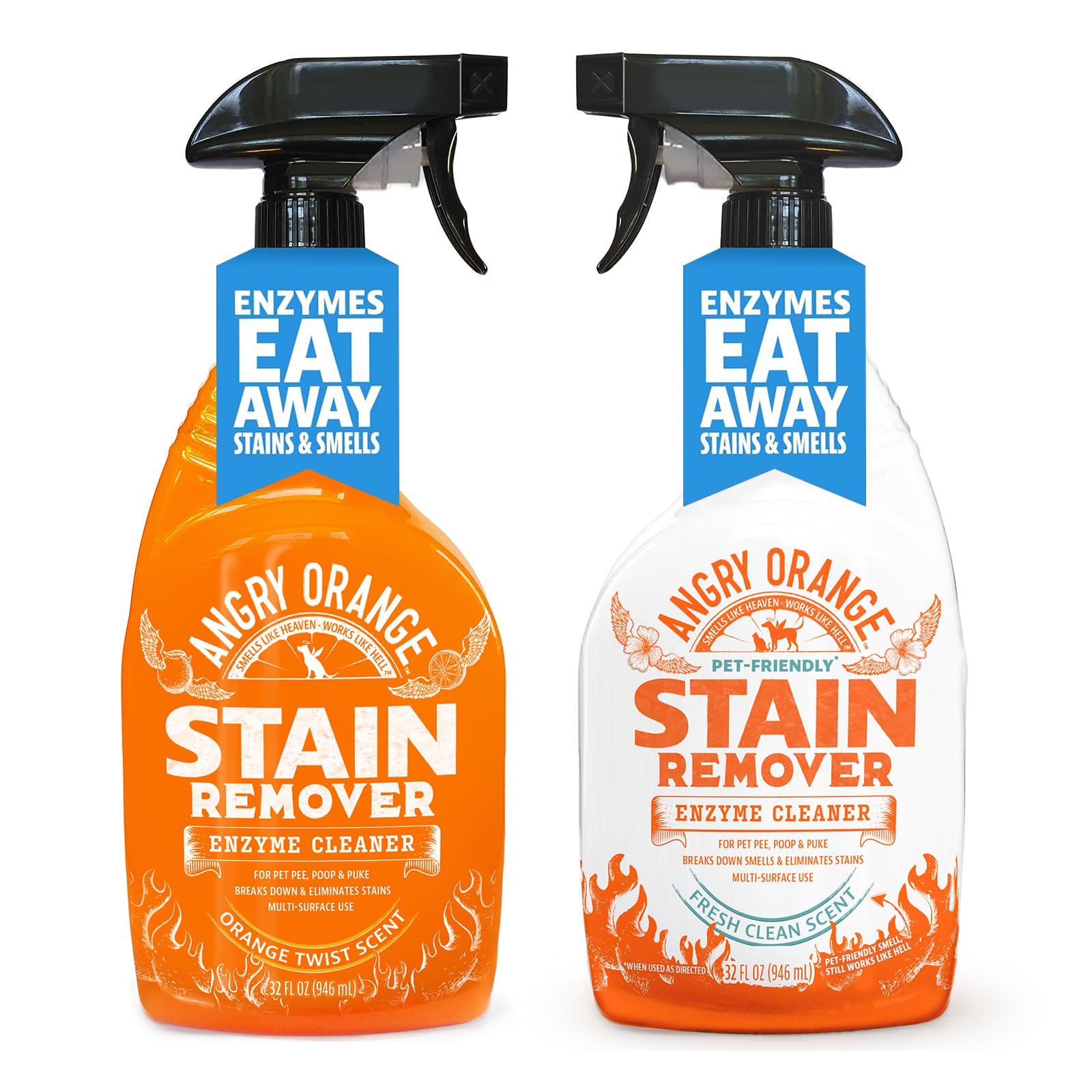 ANGRY ORANGE Stain Remover - 32oz (Pack of 2) Enzyme Pet Cleaner - Dog & Cat Urine Destroyer and Stain Remover - Fresh Scent and Citrus Bundle Spray Cleaning Solution - Puppy Supplies