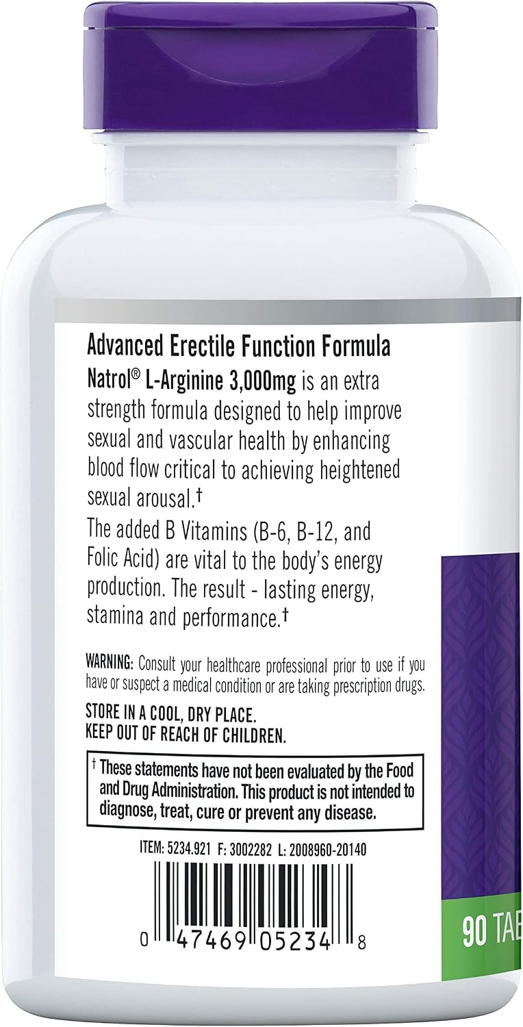 Natrol L-Arginine Tablets, Promotes Stamina and Performance, Supports Sexual and Vascular Health, Contains Nitric Oxide with B Vitamin Complex, Amino Acid, Extra Strength