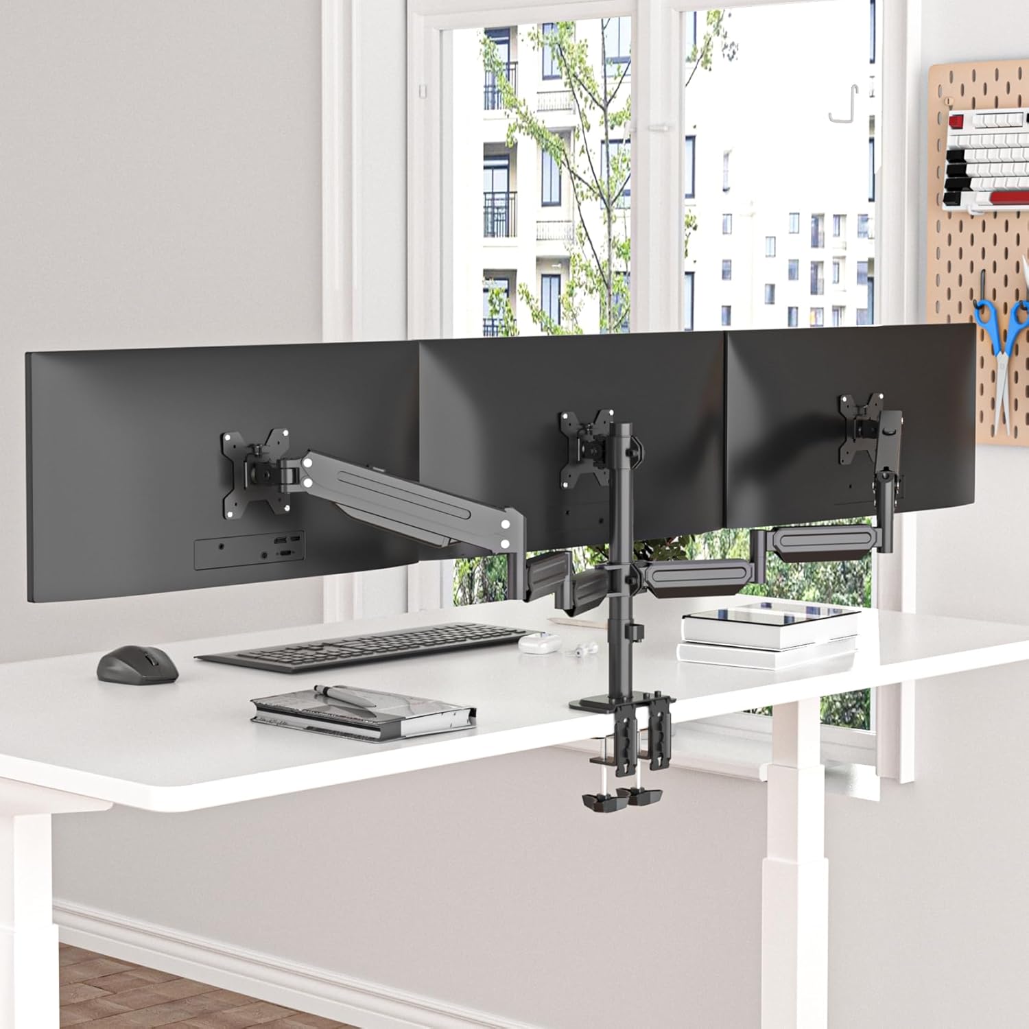 suptek Triple Monitor Mount for Most 17 to 32 inch Screens,Gas Springs Adjustment Triple Monitor Desk Mount Stand with Clamp & Grommet Kit,Black(MD8003)