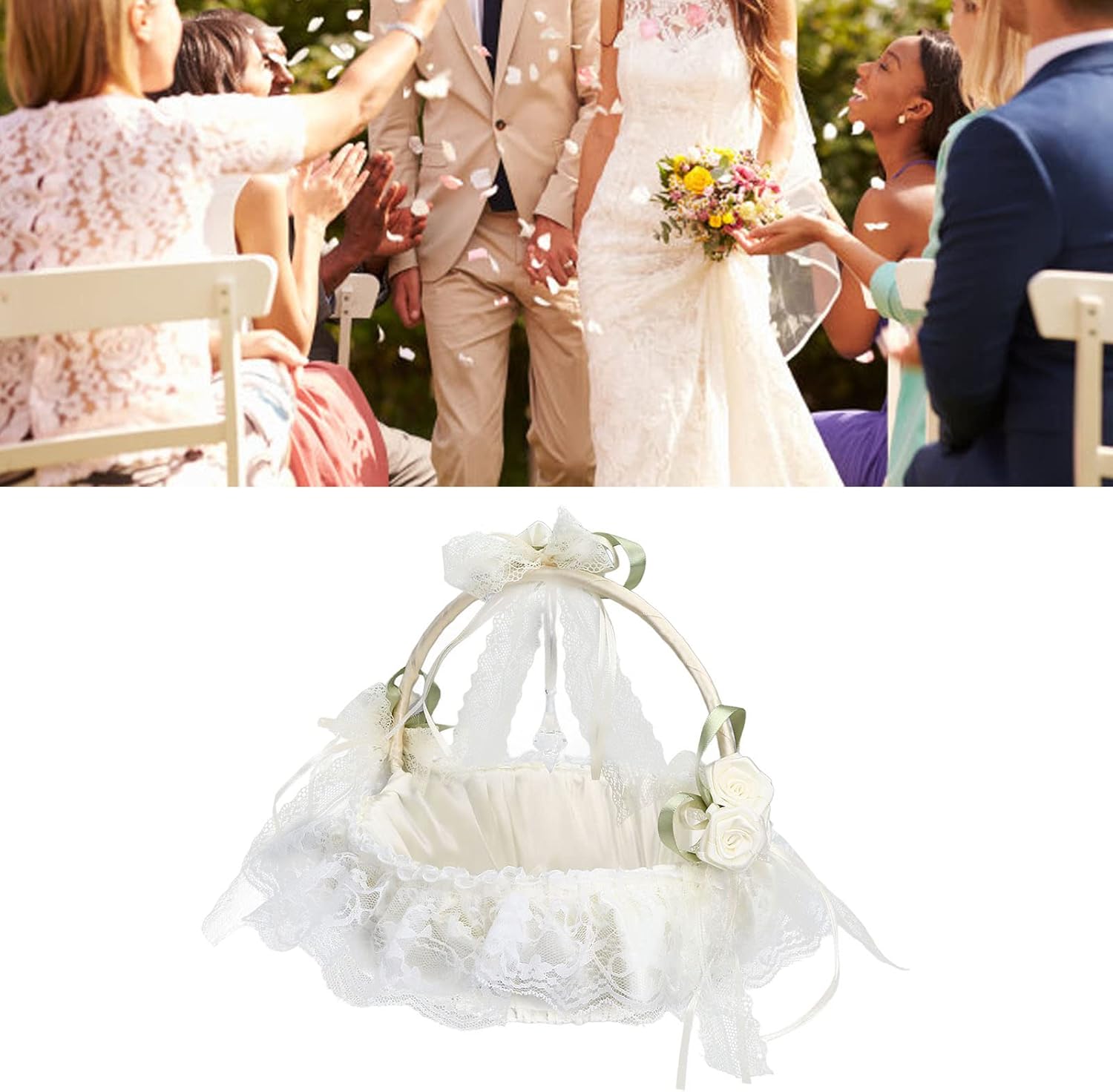 White Flower Basket, Wedding Flower Girl Baskets with Lace, Romic Flower Basket for Wedding, Parties