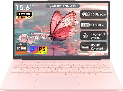 Auusda 15.6" FHD Laptop for Work, Student and Entertainment, 16GB Dual RAM 512GB SSD, Full Function USB Type C/HDMI/Backlit Keyboard/Fingerprint/USB 3.0, Win 11 Pro, Dual Core 4T Processor, Pink