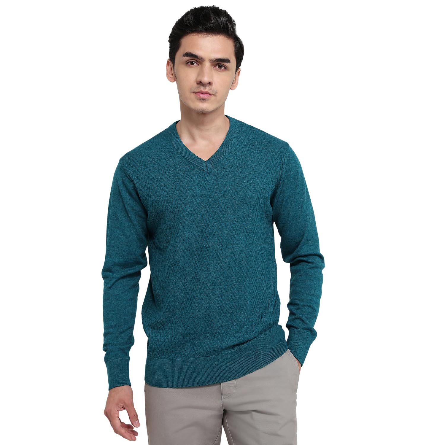 colorplus Men Regular Fit Structure Pattern Acrylic Wool Blend Full Sleeve V Neck Casual Sweater Dark Blue-picture-11